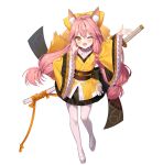  1girl aile_(crossroads) animal_ear_fluff animal_ears black_skirt bow braid breasts commentary_request fate/samurai_remnant fate_(series) fox_ears fox_girl fox_tail full_body hair_between_eyes hair_bow highres japanese_clothes katana kimono long_hair looking_at_viewer obi off_shoulder one_eye_closed open_mouth pink_hair sash sidelocks skirt small_breasts smile solo sword tail tamamo_(fate) tamamo_aria_(fate) thigh-highs twintails weapon white_thighhighs wide_sleeves yellow_bow yellow_eyes yellow_kimono 