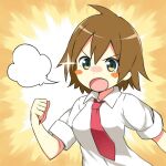  1girl blank_speech_bubble blush_stickers brown_background brown_hair clenched_hand collared_shirt dot_nose green_eyes looking_ahead moe_musume necktie open_mouth pixiv red_necktie redrawn shirt short_hair short_sleeves sky-freedom solo speech_bubble upper_body white_shirt 