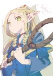  1girl blonde_hair blue_capelet blue_robe braid buna_(beech_forest) capelet closed_mouth commentary_request dungeon_meshi elf green_eyes hair_over_shoulder highres holding holding_staff long_hair long_sleeves looking_at_viewer looking_down marcille_donato multiple_braids pointy_ears robe simple_background solo staff twin_braids upper_body 