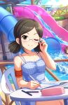  black_hair book day game_cg glasses grey_eyes highres idolmaster idolmaster_cinderella_girls idolmaster_cinderella_girls_starlight_stage non-web_source official_art one_eye_closed open_book parted_bangs saejima_kiyomi sitting twintails water waterpark writing 