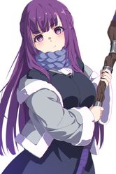  1girl :t black_robe blush breasts closed_mouth coat cut_bangs fern_(sousou_no_frieren) grey_coat highres holding holding_staff large_breasts long_hair looking_at_viewer mage_staff open_clothes open_coat purple_hair robe sando_(dukedevil) simple_background solo sousou_no_frieren staff straight_hair violet_eyes white_background 