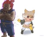  1boy 1girl absurdres akuma_(street_fighter) beleven belt boots brown_hair camisole coyote_(kemono_friends) dougi gloves highres jacket kemono_friends kemono_friends_v_project navel red_eyes redhead setsubun short_hair skirt street_fighter thigh-highs virtual_youtuber yellow_eyes 