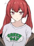  1girl bags_under_eyes bright_pupils clothes_writing commentary fire_emblem fire_emblem_awakening grey_shirt long_hair looking_at_viewer off_shoulder red_eyes redhead severa_(fire_emblem) shirt simple_background solo tavi_(hosheezus) twintails upper_body very_long_hair white_background white_pupils 