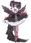  1girl absurdres ame-chan_(needy_girl_overdose) black_dress black_eyes black_hair black_wings bow closed_mouth dress feathered_wings fontana_0v0 frilled_dress frills gothic_lolita hair_over_one_eye hashtag_only_commentary highres lolita_fashion long_hair long_sleeves needy_girl_overdose pantyhose puffy_long_sleeves puffy_sleeves red_bow red_ribbon ribbon simple_background solo twintails white_background wings 