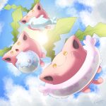  closed_mouth clouds colored_skin day flying happy highres holding hoppip inflatable_toy innertube no_humans open_mouth outdoors palafin pink_skin pokemon pokemon_(creature) pokemon_hgss sasabunecafe sky smile spheal sun swim_ring twitter_username yellow_eyes 