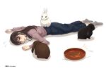  1girl animal brown_hair commentary_request commission food highres long_skirt lying on_stomach original pixiv_commission purple_sweater rabbit setu_kurokawa sitting sitting_on_person skirt smile socks sweat sweater turtleneck white_background 