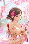  black_hair cherry_blossoms closed_mouth day game_cg grey_eyes hair_ornament highres idolmaster idolmaster_cinderella_girls idolmaster_cinderella_girls_starlight_stage japanese_clothes kimono medium_hair non-web_source official_art parted_bangs saejima_kiyomi smile unworn_eyewear 