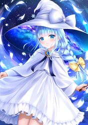  1girl blue_eyes blue_hair blunt_bangs blush bow braid brooch cloak dress frilled_dress frills galaxy hair_bow hat hat_bow highres holding holding_wand hood hooded_cloak jewelry long_sleeves looking_at_viewer night night_sky original parted_lips petals skirt_hold sky smile solo star_(sky) starry_sky wabi_chazuke wand witch witch_hat 