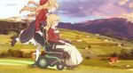  2girls black_skirt blonde_hair bow buttons character_request claire_francois drill_hair hair_bow highres jacket krill55 long_hair long_skirt long_sleeves multiple_girls red_bow red_jacket sidelocks skirt watashi_no_oshi_wa_akuyaku_reijou wheelchair white_skirt 