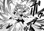  1girl ahoge boots choker emphasis_lines fiery_hair fingerless_gloves fire gloves greyscale hair_between_eyes hinoko_(sunafuki_tabito) jacket legs_apart long_hair long_sleeves looking_at_viewer monochrome open_mouth original pyrokinesis shorts solo sound_effects sunafuki_tabito 