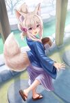  1girl :d absurdres animal_ear_fluff animal_ears bare_tree brown_footwear brown_hair commentary_request day folded_ponytail fox_ears fox_girl fox_tail from_side grey_kimono hair_between_eyes hair_ribbon highres iroha_(iroha_matsurika) japanese_clothes kimono koyoi_(iroha_(iroha_matsurika)) long_sleeves looking_at_viewer looking_to_the_side onsen open_clothes original purple_ribbon ribbon sandals smile snow solo tail tree violet_eyes walking water wide_sleeves yukata zouri 