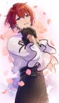  1boy belt black_belt black_gloves black_pants ensemble_stars! falling_petals floral_background flower gloves grey_background highres long_sleeves male_focus own_hands_together pants petals pink_flower pink_petals pink_rose redhead rose shirt short_hair solo suou_tsukasa violet_eyes white_shirt yasaimorimog 