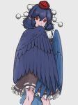  1girl bare_legs black_hair black_skirt black_wings channel_ikihaji closed_mouth feathered_wings frilled_skirt frills grey_background hat looking_at_viewer medium_hair pointy_ears pom_pom_(clothes) red_eyes red_headwear ribbon-trimmed_skirt ribbon_trim shameimaru_aya sidelocks simple_background sketch skirt solo standing tokin_hat touhou wings 