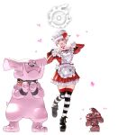  alcremie apron elezen elf final_fantasy final_fantasy_xiv granbull hat heart heart_hands highres lisette_de_valentione one_eye_closed pink_hair platform_footwear pointy_ears pokemon potion_lilac red_eyes short_hair skindentation thigh-highs 