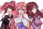  3girls agnes_giebenrath blue_eyes breasts flay_allster gloves gundam gundam_seed gundam_seed_destiny gundam_seed_freedom hair_ornament kitsuyuu26 large_breasts lipstick long_hair looking_at_viewer makeup meer_campbell military military_uniform multiple_girls open_mouth pink_hair redhead smile star_(symbol) star_hair_ornament twintails uniform upper_body 