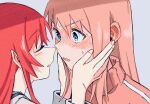  2girls blue_eyes blush bocchi_the_rock! chorohanage closed_eyes facing_another gotoh_hitori hands_on_another&#039;s_cheeks hands_on_another&#039;s_face imminent_kiss kita_ikuyo long_hair long_sleeves looking_at_another multiple_girls pink_hair redhead sidelocks sweat yuri 