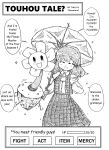  1girl absurdres ascot closed_eyes commentary english_commentary english_text flower flowey_(undertale) gameplay_mechanics greyscale highres holding holding_umbrella kazami_yuuka kometaro light_blush long_hair long_sleeves monochrome open_clothes open_mouth open_vest parasol plaid plaid_skirt plaid_vest skirt smile sparkle speech_bubble touhou umbrella undertale vest 