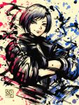  1girl black_hair black_jacket crossed_arms highres ink_wash_painting jacket limited_palette lips pe51illust purple_hair purple_jacket reina_(tekken) short_hair solo tekken tekken_8 violet_eyes 