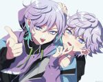  2boys aqua_hair brothers cozmez_(paradox_live) grey_background hand_on_another&#039;s_head hood hood_down hoodie looking_at_viewer male_focus multicolored_hair multiple_boys nownnownn paradox_live pointing pointing_at_viewer purple_hair purple_hoodie siblings simple_background tongue tongue_out twins violet_eyes yatonokami_kanata yatonokami_nayuta 