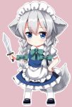  1girl animal_ears apron black_footwear blue_eyes blue_skirt blue_vest bow bowtie braid chibi commentary_request dog_ears dog_tail frilled_apron frilled_skirt frills full_body green_bow green_bowtie grey_hair grey_tail inu_sakuya_(nejikirio) izayoi_sakuya kemonomimi_mode maid_apron maid_headdress mary_janes pink_background puffy_short_sleeves puffy_sleeves ruu_(tksymkw) shirt shoes short_sleeves simple_background skirt socks solo tail touhou twin_braids vest white_apron white_shirt white_socks 