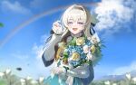  1girl absurdres black_capelet black_hairband blue_sky blurry bouquet capelet clouds eamut1 firefly_(honkai:_star_rail) hairband hand_up highres holding holding_bouquet honkai:_star_rail honkai_(series) long_sleeves multicolored_eyes open_mouth rainbow sky smile solo teeth upper_body upper_teeth_only 