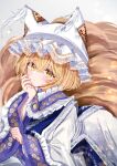  1girl animal_ears blonde_hair blush dress fox_ears fox_tail gradient_background hair_between_eyes hat highres long_sleeves mob_cap multiple_tails sarasadou_dan short_hair solo tabard tail touhou white_dress white_headwear wide_sleeves yakumo_ran yellow_eyes 