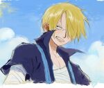  1boy bandages blonde_hair blue_shirt close-up collared_shirt commentary_request curly_eyebrows hair_over_one_eye linerynlasgalen looking_to_the_side male_focus one_piece sanji_(one_piece) shirt short_hair sky solo 