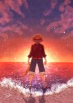  1boy aco_peda back black_hair blue_shorts clenched_hands clouds commentary_request full_body hat highres male_focus monkey_d._luffy ocean one_piece red_shirt sash shirt short_hair shorts solo straw_hat yellow_sash 