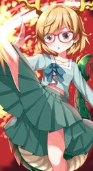  1girl :o antlers blonde_hair blue_bow blue_shirt bow collarbone commentary_request dragon_girl dragon_horns dragon_tail glasses green_skirt highres horns kicchou_yachie long_skirt midriff_peek pleated_skirt red-framed_eyewear ruu_(tksymkw) shirt skirt solo square_neckline tail touhou yellow_eyes yellow_horns 