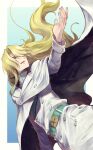  1boy belt bleach bleach:_sennen_kessen-hen blonde_hair border cape commentary_request cowboy_shot dutch_angle floating_hair green_belt hair_over_one_eye hand_up jugram_haschwalth light_blue_background long_hair long_sleeves military_uniform one_eye_covered open_hand open_mouth shirt simple_background solo soraao0322 uniform very_long_hair white_border white_cape white_shirt 