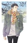  1boy black_hair black_pants border branch character_request clouds cowboy_shot fur-trimmed_jacket fur_trim gradient_sky green_jacket hands_in_pockets hitaki_(tempo) jacket looking_to_the_side male_focus outline outside_border pants parted_lips psycho-pass red_scarf scarf short_hair sky sleeves_past_wrists solo standing two-tone_scarf white_border white_outline yellow_scarf zipper 