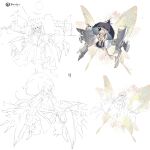  1girl absurdres attilio_regolo_(azur_lane) azur_lane black_dress black_umbrella blonde_hair butterfly_wings dress full_body highres insect_wings kurumi_(recycllamo) long_hair red_eyes rigging sketch sleeves_past_fingers sleeves_past_wrists umbrella very_long_hair very_long_sleeves wings 
