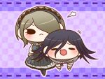  1boy 1girl :&lt; asymmetrical_bangs black_collar black_eyes black_footwear black_scarf blonde_hair blush bow buttons chain checkered_background checkered_clothes checkered_scarf chibi closed_eyes closed_mouth collar collared_shirt danganronpa_(series) danganronpa_v3:_killing_harmony dotted_line dress eyelashes footwear_bow frilled_dress frilled_shirt_collar frilled_sleeves frills frown grey_dress grey_hairband grey_pantyhose hair_between_eyes hair_over_one_eye hairband lace-trimmed_hairband lace_trim letterboxed lifting_person lolita_hairband long_bangs long_sleeves medium_dress medium_hair motion_lines necktie oma_kokichi open_mouth outside_border pantyhose puff_of_air purple_background purple_hair purple_necktie purple_outline raised_eyebrows scarf shirt shoes short_hair simple_background smile solid_eyes spider_web_print straight-on tojo_kirumi two-tone_scarf v-shaped_eyebrows white_bow white_scarf white_shirt white_sleeves yumaru_(marumarumaru) 