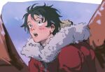  1boy black_hair close-up coat commentary english_commentary fur_hoodie highres hood hooded_coat looking_up m0kaccinoh male_focus monkey_d._luffy one_piece open_mouth red_coat scar scar_on_face short_hair solo 
