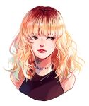  1girl black_shirt blackpink blonde_hair blunt_bangs close-up commentary highres jewelry lisa_(blackpink) looking_to_the_side medium_hair mieille necklace shirt simple_background solo turtleneck_shirt white_background 