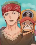  2boys bandaid bandaid_on_face bandaid_on_nose brown_shirt close-up commentary earrings feichangkou green_hair hat headband highres jewelry looking_up male_focus multiple_boys on_shoulder one_piece one_piece:_strong_world red_headband roronoa_zoro shirt sky tony_tony_chopper v-shaped_eyebrows 