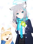  1girl animal animal_ear_fluff animal_ears aoi_thomas blue_archive blue_eyes blue_jacket blue_necktie blue_scarf clothed_animal commentary_request dog earrings fringe_trim gloves green_gloves grey_hair grey_skirt hair_between_eyes hair_ornament halo hands_up highres jacket jewelry master_shiba_(blue_archive) necktie open_clothes open_jacket pipe_in_mouth plaid plaid_skirt pleated_skirt scarf school_uniform shiroko_(blue_archive) shirt skirt smoking_pipe stud_earrings w white_background white_shirt 