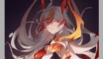  1girl bare_shoulders chinese_clothes detached_sleeves elbow_gloves eyeliner fire fu_hua fu_hua_(fenghuang_of_vicissitude) gloves hair_between_eyes honkai_(series) honkai_impact_3rd long_hair low-tied_long_hair low_twintails makeup multicolored_hair red_eyeliner red_eyes red_gloves red_scales redhead solo streaked_hair symbol-shaped_pupils twintails two-tone_hair upper_body white_hair yaoyaooooo yellow_pupils 