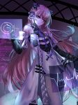  1girl absurdres animal_ears bare_shoulders bear_ears black_bodysuit bodysuit bori_(pixiv_95888990) coat detached_sleeves headgear headphones highres holographic_monitor long_hair mechanical_arms mechanical_ears pink_hair punishing:_gray_raven short_sleeves sidelocks solo teddy_(punishing:_gray_raven) violet_eyes white_coat 