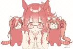  :o animal_ears aston_machan_(umamusume) bow brown_hair brown_theme chibi collared_shirt commentary_request daiwa_scarlet_(umamusume) dated dotted_line fang hair_bow hair_over_one_eye hands_up hood hood_up horse_ears koruri long_hair monochrome multicolored_hair one_side_up open_mouth parted_lips raccoon_costume raccoon_ears raccoon_tail red_bow shirt streaked_hair striped_tail suspenders tail twintails twitter_username umamusume very_long_hair vodka_(umamusume) white_background white_shirt 