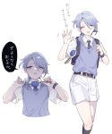  1boy aged_down bag blue_eyes blue_necktie closed_eyes crime_prevention_buzzer genshin_impact highres kamisato_ayato male_focus necktie open_mouth school_bag shirt short_hair shorts solo speech_bubble sweater_vest violet_eyes white_shirt white_shorts yunikuso 