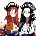  2girls arm_tattoo belt black_hair blue_eyes commentary_request hat jewelry long_hair looking_at_viewer multiple_girls nami_(one_piece) necklace nico_robin one_eye_closed one_piece orange_hair simple_background smile tank_top tattoo upper_body white_background white_tank_top yoru_(_ichiya_07) 