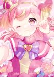  1girl ;3 blonde_hair blue_eyes blush bow bright_pupils brooch crown cure_wonderful dot_nose dress earrings hairband heart heart_brooch highres hoshizora_megu inukai_komugi jewelry long_hair magical_girl mini_crown multicolored_eyes multicolored_hair one_eye_closed paw_pose pink_dress pink_hair pink_wrist_cuffs pouch precure purple_bow signature smile solo streaked_hair tilted_headwear two-tone_hair two_side_up upper_body violet_eyes wonderful_precure! wrist_cuffs yellow_hairband 