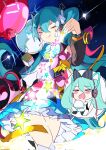  1girl aqua_bow aqua_hair awayaarinko blue_bow blue_hair bow closed_eyes closed_mouth crypton_future_media detached_sleeves hair_ornament hatsune_miku highres long_hair piapro smile solo twintails vocaloid 