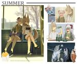  2girls absurdres animal_ears aquarium beach drinking fang fenrir_(ghost_(tama)) flat_chest goat_ears goat_girl goat_horns goat_tail green_jacket hannah_(populamalus) highres horns jacket long_hair long_sleeves looking_at_another multiple_girls multiple_views open_mouth original populamalus red_eyes shirt shorts sitting skirt smile thigh-highs white_hair white_shirt wolf_ears wolf_girl yellow_eyes 