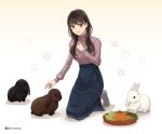  1girl animal brown_eyes brown_hair commentary_request commission eating food highres long_skirt original petting pixiv_commission rabbit setu_kurokawa skirt smile socks turtleneck vegetable white_background 