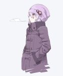  1girl alternate_costume beanie breath coat commentary_request cropped_torso from_side grey_background grey_hair hair_between_eyes hands_in_pockets hat hat_ornament high_collar highres long_sleeves looking_ahead mochi_(mochi444420) purple_coat purple_headwear sidelocks simple_background solo upper_body violet_eyes vocaloid voiceroid winter_clothes winter_coat yuzuki_yukari 
