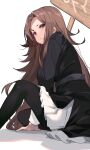 1girl absurdres black_dress black_thighhighs blush breasts brown_eyes brown_hair dress feet_out_of_frame from_side hand_on_floor highres holding holding_sign kage_no_jitsuryokusha_ni_naritakute! knee_up large_breasts long_hair looking_at_viewer looking_to_the_side nu_(kage_no_jitsuryokusha_ni_naritakute!) open_mouth sign simple_background sitting solo teeth thigh-highs uniform very_long_hair white_background zelef0302
