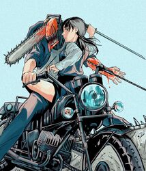  1boy 1girl arm_up black_hair blood blue_background blue_dress blue_eyes blue_jacket blue_pants chainsaw chainsaw_man commentary_request denji_(chainsaw_man) dress fourth_east_high_school_uniform highres holding holding_sword holding_weapon jacket katana leg_lock long_hair long_sleeves long_tongue looking_at_viewer looking_to_the_side low_twintails mitaka_asa monster_boy motor_vehicle motorcycle nose on_motorcycle pants parted_lips pinafore_dress pleated_dress reverse_grip riding school_uniform sharp_teeth shirt simple_background sitting sleeveless sleeveless_dress sleeves_rolled_up sukesukeburger sword teeth tongue tongue_out twintails weapon white_shirt 