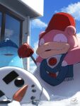  beanie black_eyes blue_headwear bucket bucket_on_head buttons clouds commentary_request day fangs fangs_out hat highres looking_down no_humans object_on_head outdoors pokemon pokemon_(creature) quagsire reflection scarf sky slowpoke snowman sweat tatsumi_(panneko) window 